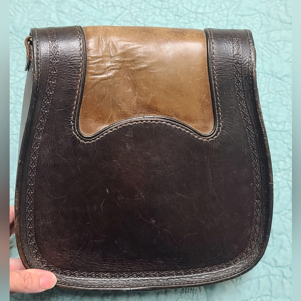 Brown and Tan Leather Saddle Bag Purse, Anna Del Sol, Crossbody Bag - Picture 7 of 14